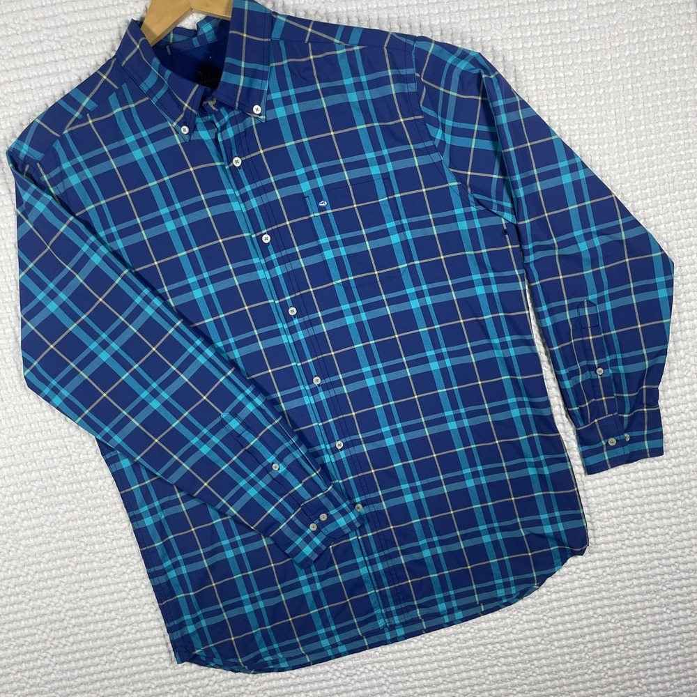 Southern Tide Men L Blue Teal Plaid Button Down Long Sleeve Fishing‎ Performance